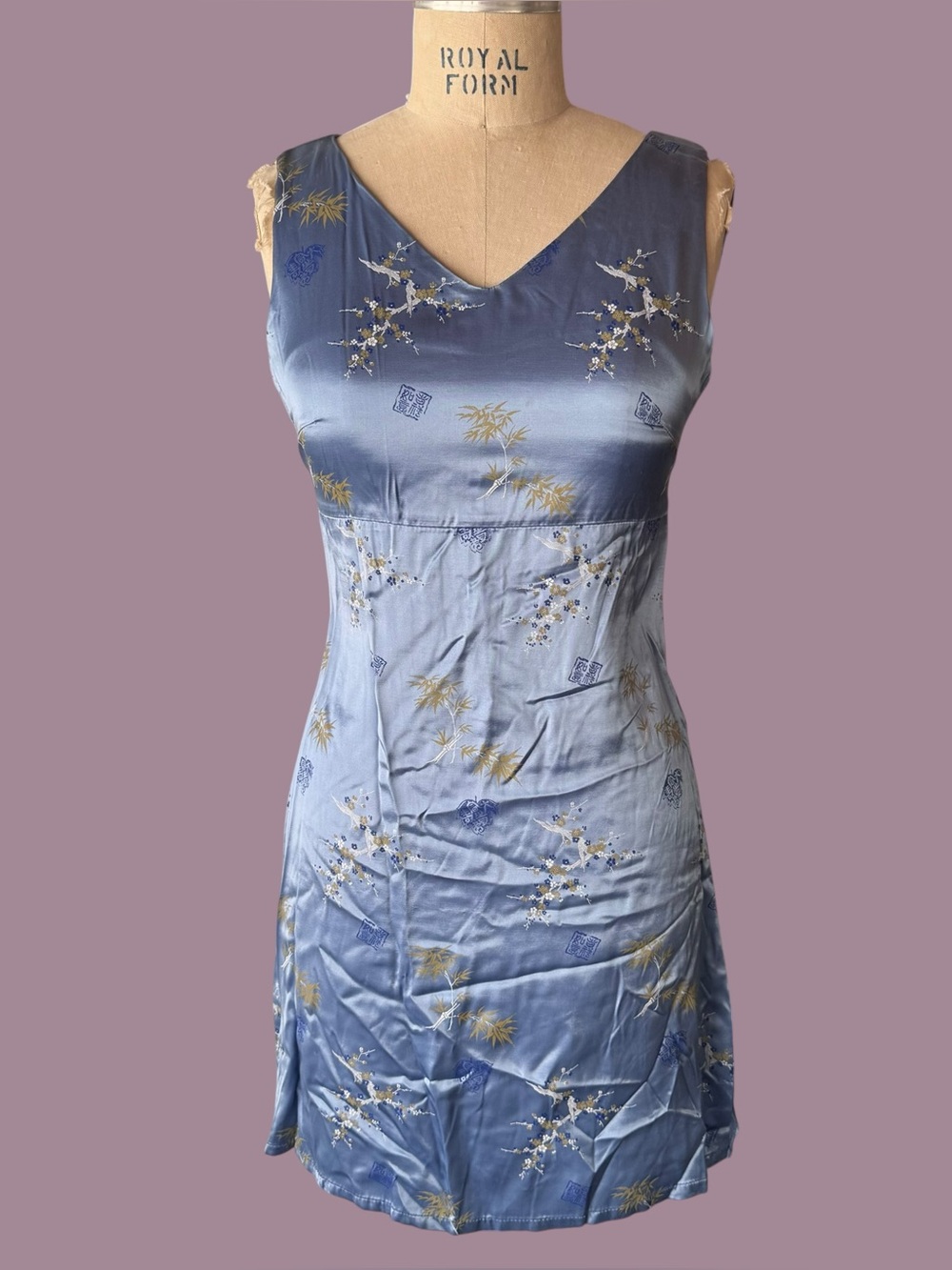 Vintage 90s Blue Satin Japanese Inspired Hybrid Floral Mini Dress
